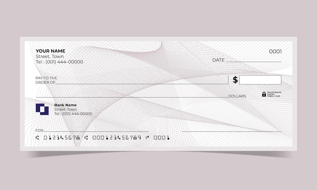 Cheque en blanco, diseño de cheque bancario, formato vectorial