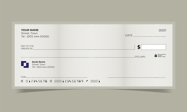 Cheque en blanco, diseño de cheque bancario, formato vectorial