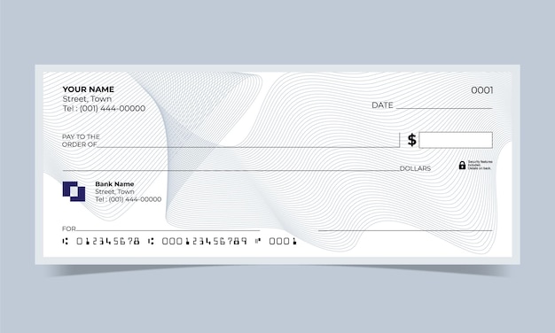 Vector cheque en blanco, diseño de cheque bancario, formato vectorial