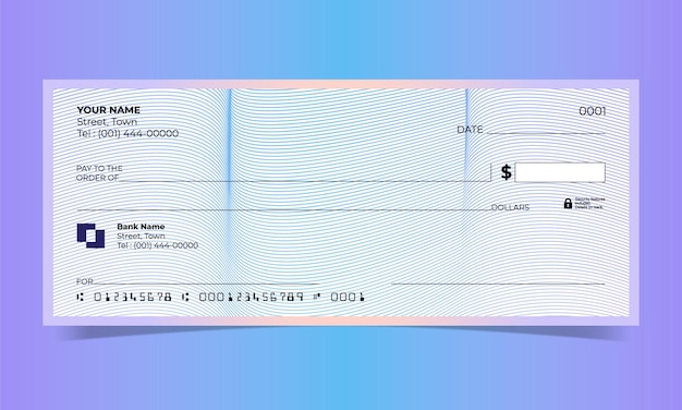 Cheque en blanco, diseño de cheque bancario, formato vectorial