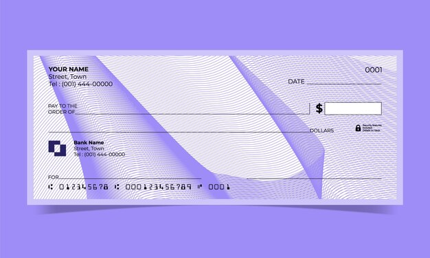 Cheque en blanco, diseño de cheque bancario, formato vectorial