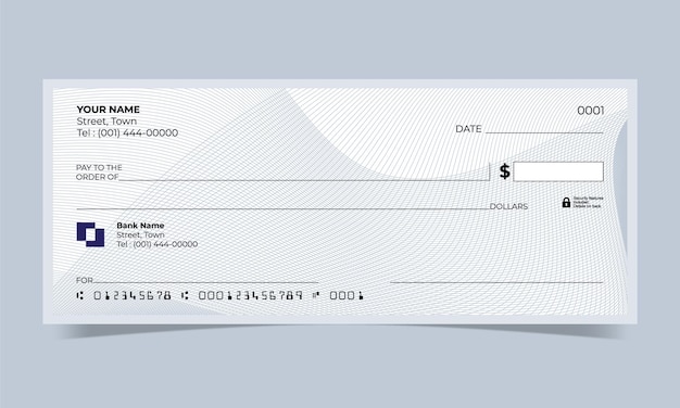 Cheque en blanco, diseño de cheque bancario, formato vectorial