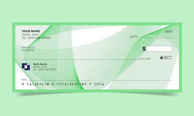 Cheque en blanco, diseño de cheque bancario, formato vectorial