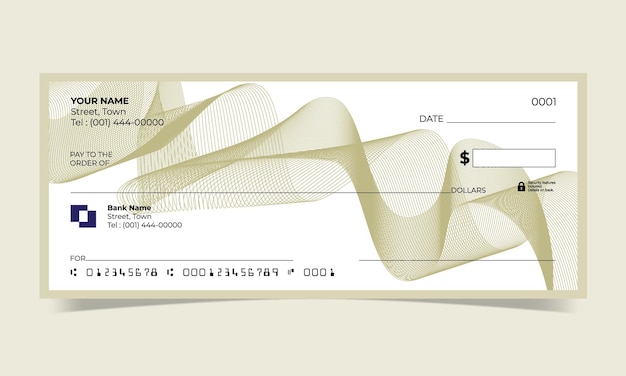 Cheque en blanco, diseño de cheque bancario, formato vectorial