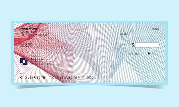 Cheque en blanco, diseño de cheque bancario, formato vectorial