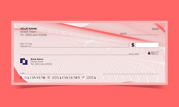 Cheque en blanco, diseño de cheque bancario, formato vectorial