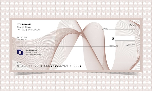 Vector cheque en blanco, diseño de cheque bancario, formato vectorial