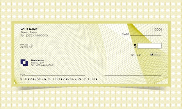 Cheque en blanco, diseño de cheque bancario, formato vectorial