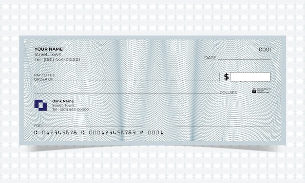 Cheque en blanco, diseño de cheque bancario, formato vectorial