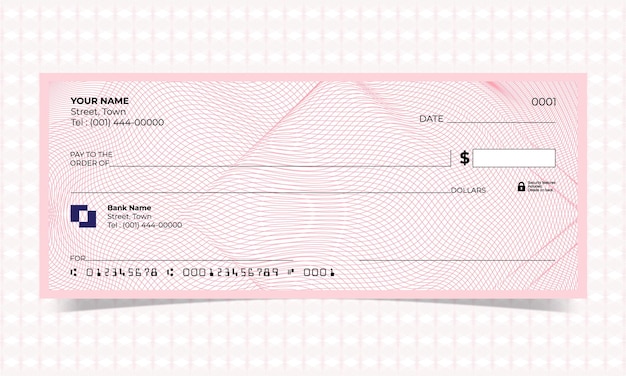 Cheque en blanco, diseño de cheque bancario, formato vectorial