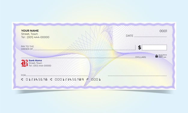 Cheque en blanco diseño de cheque bancario línea de ondas diseño de guilloche vectorial para un certificado o billete