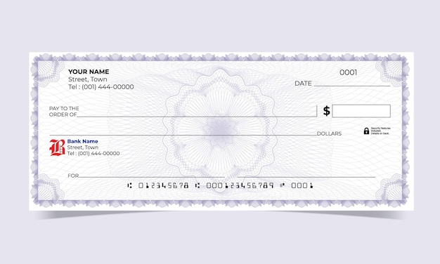 Cheque en blanco diseño de cheque bancario línea de ondas fondo guilloche vectorial para certificado de regalo o billete