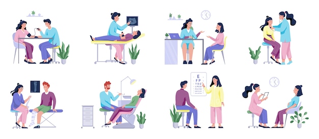 Chequeo médico completo con paciente y médicos. Idea de salud. Oftalmólogo y dentista, cirujano y ecografista. ilustración