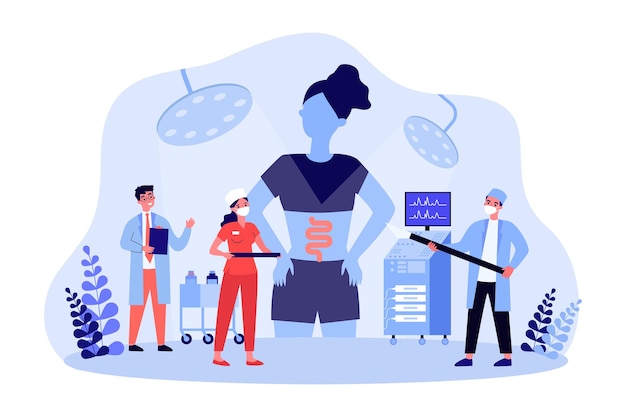 Chequeo médico intestinal con pequeños gastroenterólogos. Médicos que examinan el tracto gastrointestinal del paciente ilustración vectorial plana. Concepto de medicina para banner, diseño de sitios web o página web de destino.