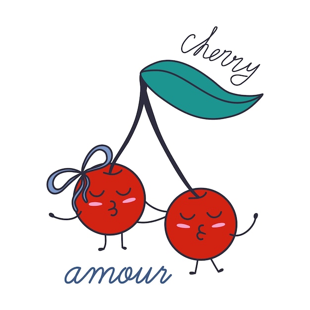 Cherry amour - pareja de cereza dibujada a mano en la ilustración de amor. doodle estilo vector tarjeta de san valentín.