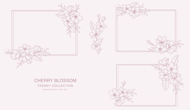 Cherry Blossom Line Art Ramas y flores florales de moda Arte de línea botánica Colección Sakura