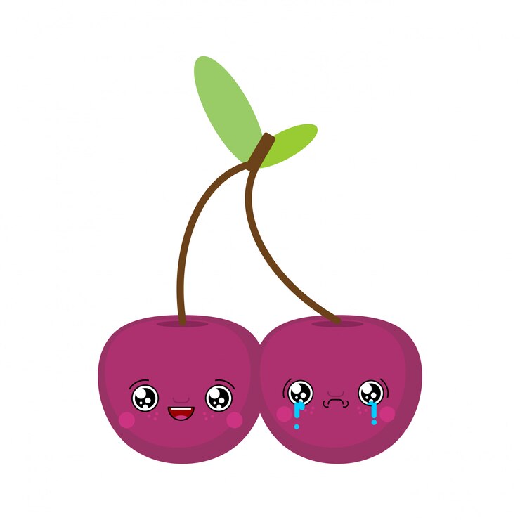 Cherry Sad y alegre kawaii Cute dibujos animados. Cerezas divertidas. Ilustración de vector de comida dulce