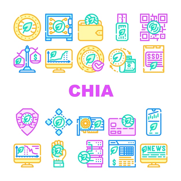 Chia Cryptocurrency Collection Iconos Conjunto Vector Chia Cryptocurrency Blockchain y Minería Supervisión Mercado comercial y concepto de intercambio Pictogramas lineales Ilustraciones de color de contorno