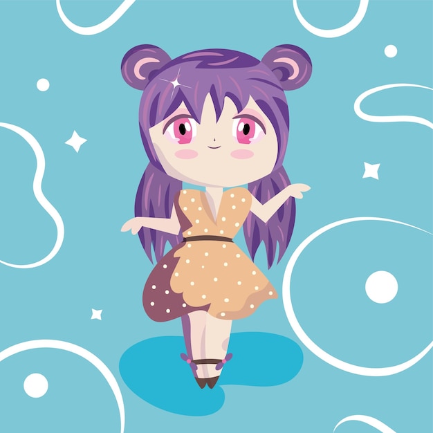 Chibi femenina de colores lindos aislados, personajes dibujados a mano por niños de anime, ilustración vectorial