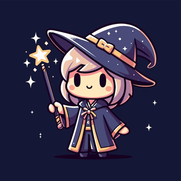 Chibi Kawaii es una ilustración de dibujos animados de una bruja con una varita mágica.