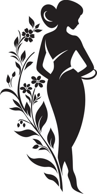 Chic Blooms Persona Mujer Diseño vectorial belleza floral limpia icono dibujado a mano negro