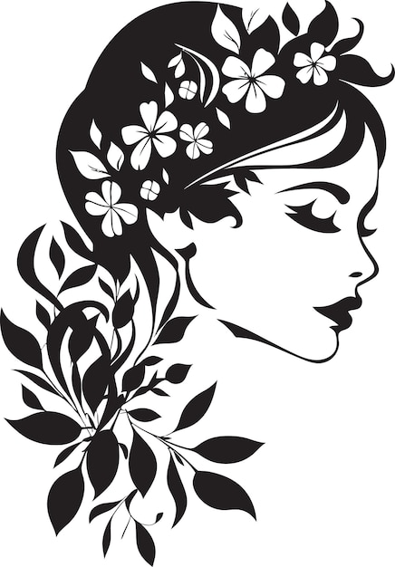 Chic Blooms Persona Mujer Diseño vectorial belleza floral limpia icono dibujado a mano negro