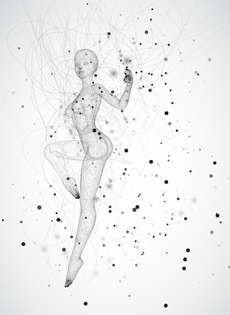 Chica 3D de puntos y splines, entre círculos y hilos ondulados