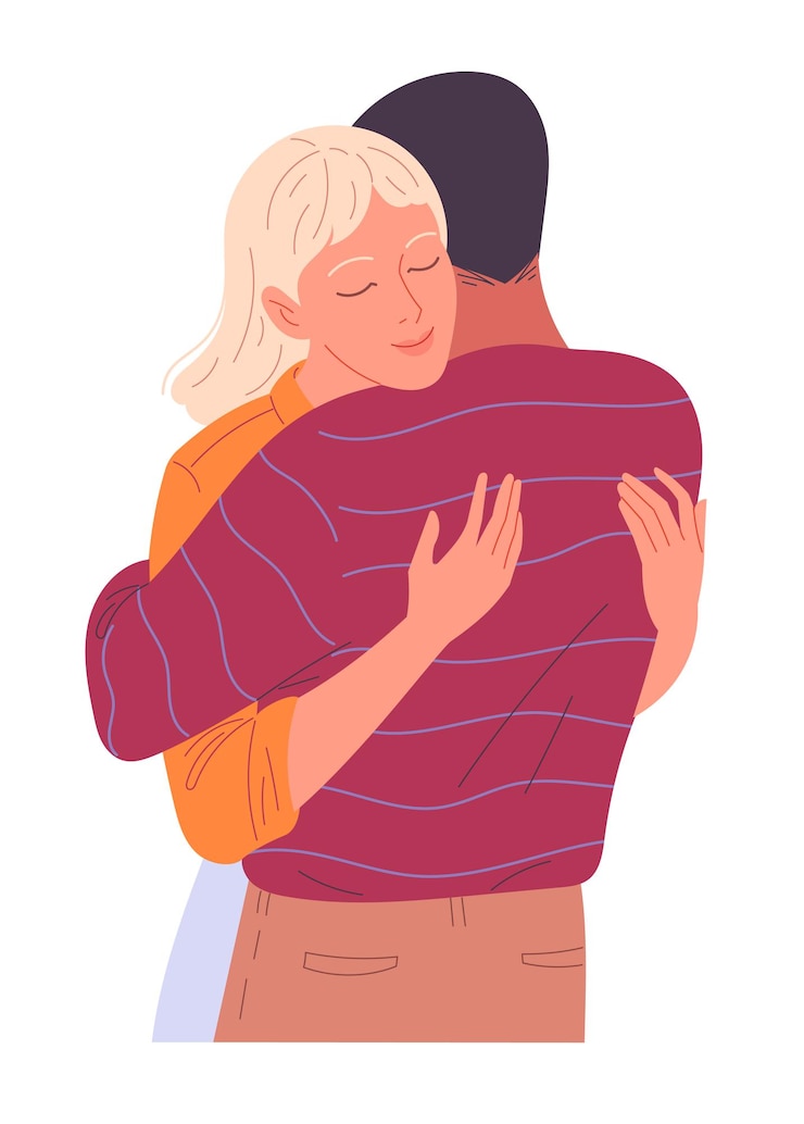 Vector chica abraza sensualmente a su amiga con los ojos cerrados.