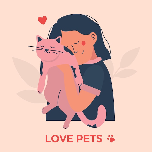 Chica abrazando a un gato Amor por mascotas ilustración plana