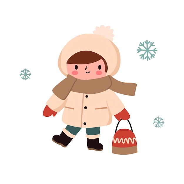 chica con un abrigo cálido y un sombrero con un niño de bolsa en invierno