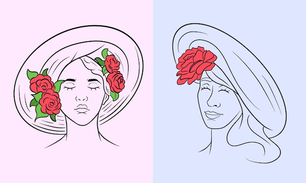 Chica en una abstracción de sombrero. niña con rosas en un tocado. estilo de línea. ilustración de vector de diseño y decoración.