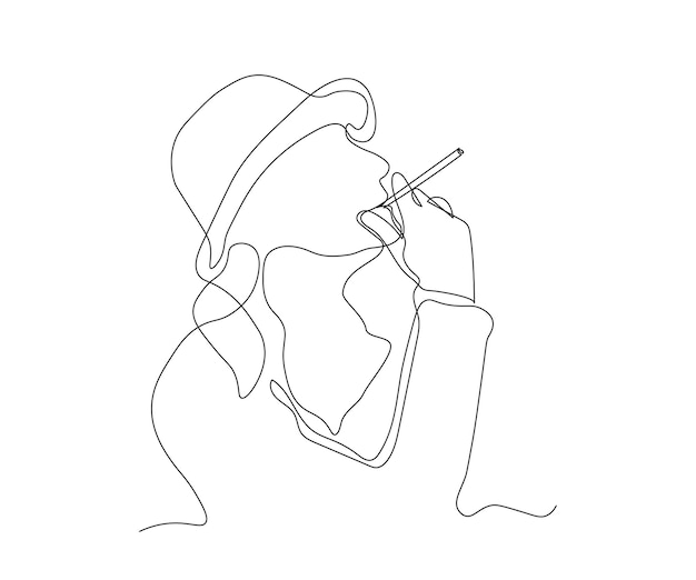 Chica abstracta en un sombrero dama con un cigarrillo Dibujo continuo en línea