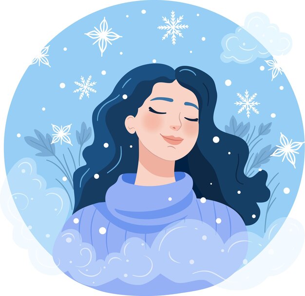 Vector una chica con un acogedor suéter de punto disfrutando de la nieve. humor invernal. caída de copos de nieve. hola invierno.