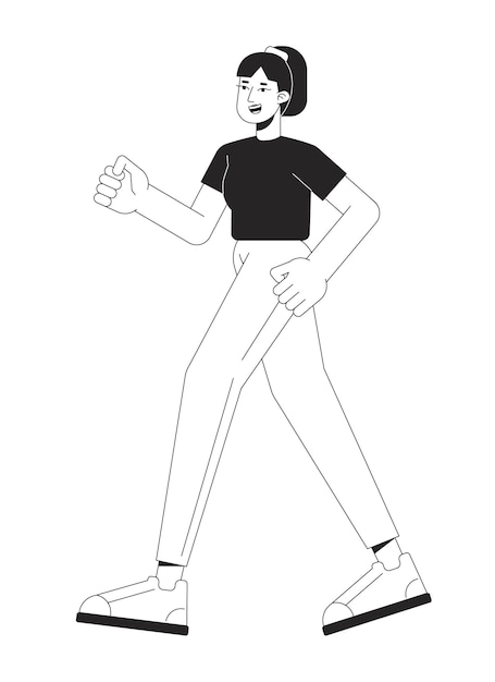 Chica activa corriendo línea plana negro blanco vector carácter Contorno editable mujer de cuerpo completo en el gimnasio Vida activa simple caricatura aislada ilustración puntual para diseño gráfico web