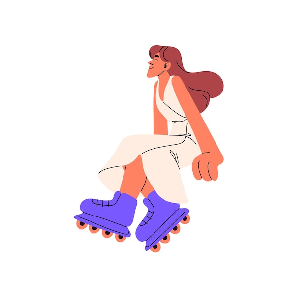 Vector chica activa en patines. mujer joven, feliz sonriente patinadora femenina fresco en el vestido, disfrutando de las vacaciones. personaje deportivo moderno y elegante. ilustración vectorial plana aislada sobre fondo blanco