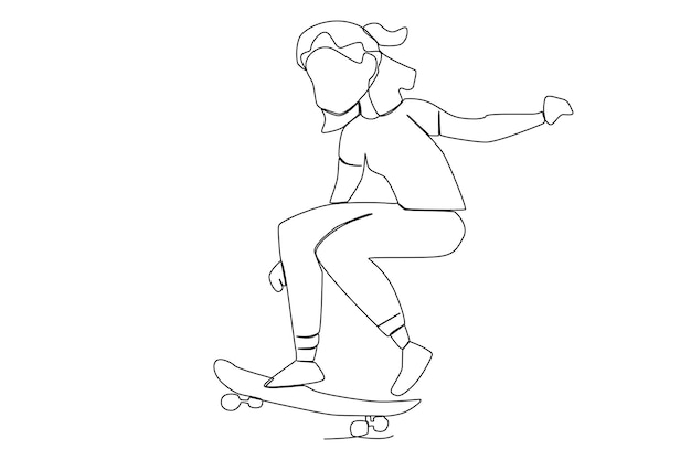 Una chica activa practicando skateboarding en el skatepark one line art