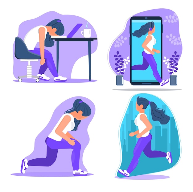 Chica actividad conjunto vector. Burnout en el concepto de vida profesional. Fitness para piernas tonificadas. desintoxicación digital. La mujer trota y se queda sin la pantalla del teléfono móvil. Maratón de la ciudad.