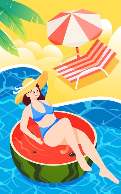 Vector la chica se acuesta en una sandía y nada en una ilustración de vector de piscina