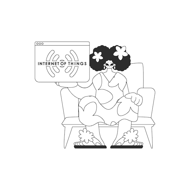 Chica acunando el estilo de arte lineal del logotipo de IoT