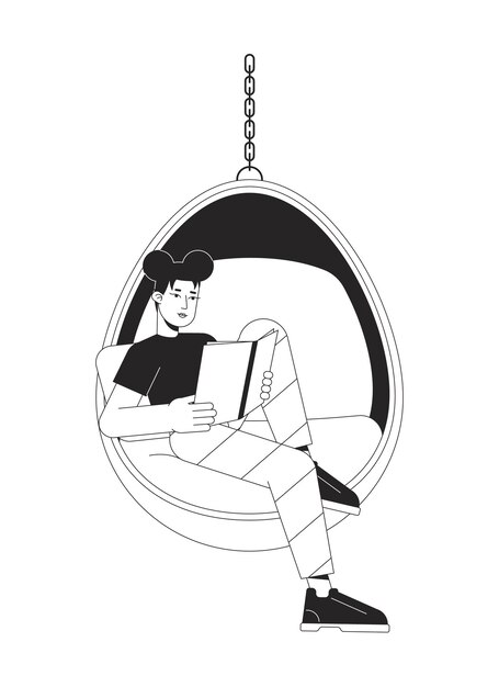 Chica adolescente leyendo libro en silla colgante línea plana negro blanco vector carácter