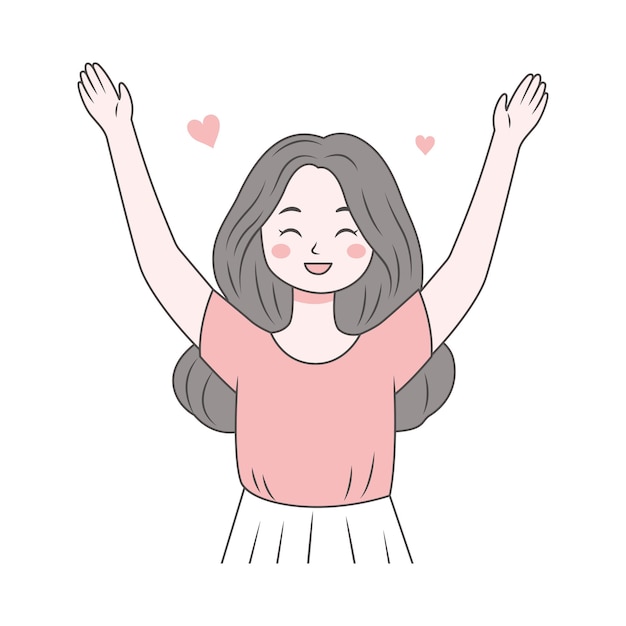 Chica adolescente linda y alegre personaje de dibujos animados con ropa casual levantando las manos