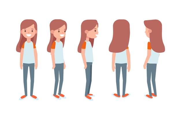 Chica adolescente parte frontal vista trasera carácter vectorial plano para animación Partes del cuerpo separadas