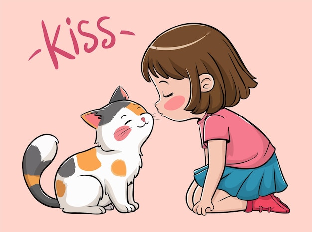 Una chica adorable besando un gato lindo Ilustración Concepto de amor y amistad