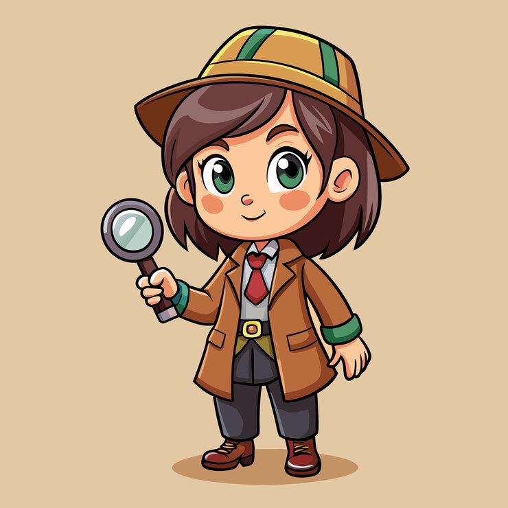Vector la chica adorable como detective con lupa vector de dibujos animados