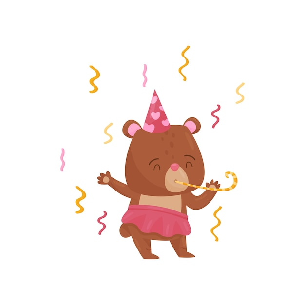 Chica adorable personaje de oso en el sombrero de cumpleaños soplando en el cuerno de la fiesta confeti volando en el aire animal humanizado lindo elemento gráfico para tarjeta postal o pancarta vector plano aislado en fondo blanco