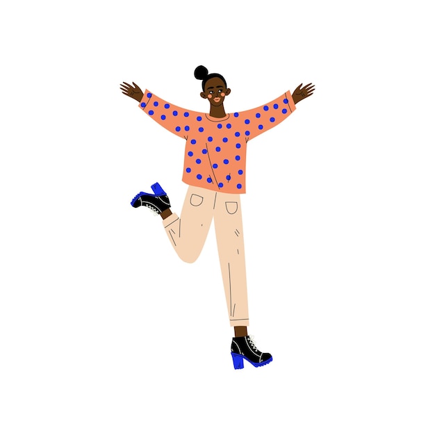 Chica afroamericana feliz saltando mujer joven celebrando un evento importante fiesta de baile amistad deporte concepto ilustración vectorial en fondo blanco