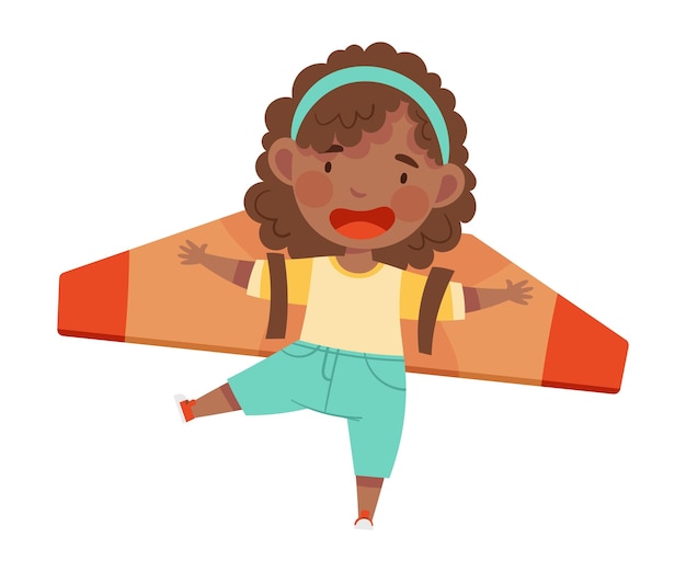 Chica afroamericana juguetona con alas falsas improvisadas volando y jugando a la ilustración vectorial