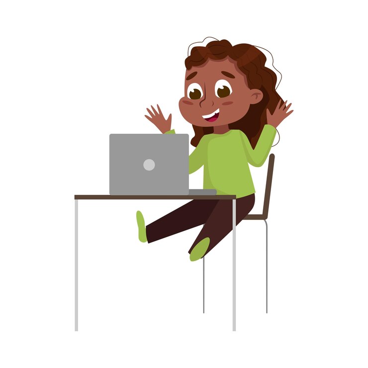 Vector chica afroamericana linda y sonriente usando una computadora portátil en el escritorio educación en línea o cursos niño