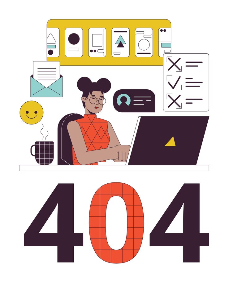 Vector chica afroamericana con muchas tareas mensaje flash de error 404 trabajo remoto en la computadora portátil diseño de interfaz de usuario de estado vacío página no encontrada imagen de dibujos animados emergente concepto de ilustración plana vectorial sobre fondo blanco