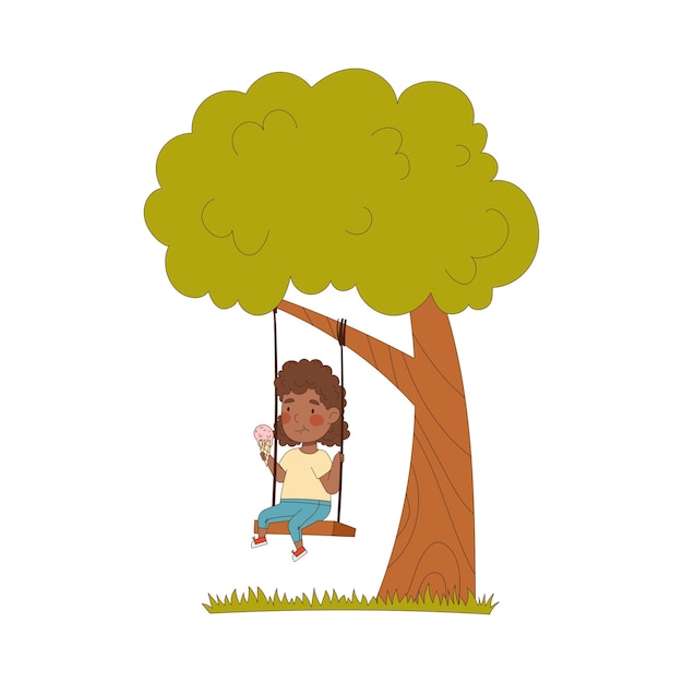 Una chica afroamericana sonriente balanceándose en un árbol y comiendo helado disfrutando de la caliente temporada de verano